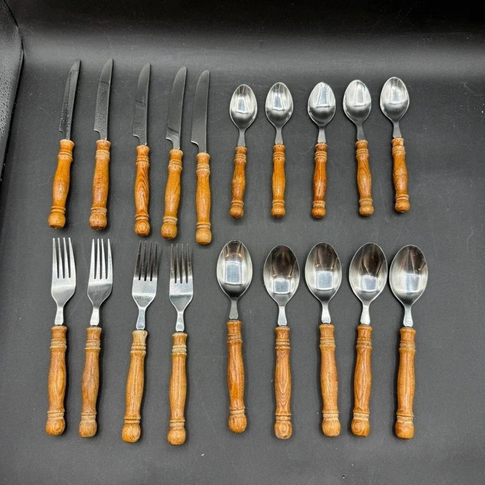 Vtg MCM Wood Handle Stainless Taiwan Flatware Set 19 Piece Country Boho Fork